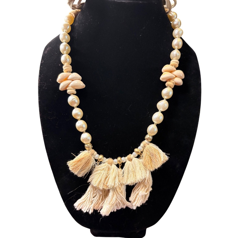 Chicos Womens Cream Faux Pearl Shell Tassel Statement Necklace Gold Tone Boho‎